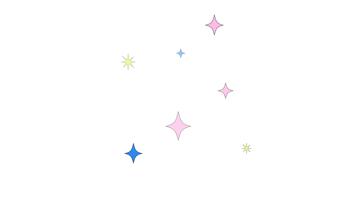 Filatura e scintillante stelle 2d cartone animato oggetto animazione. sognante magico scintillio luci splendente. fantasia. pulsante scintille sparpagliato rotante animato piatto colorato articolo 4k isolato su bianca video