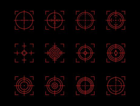 Minimal red outline target icons. Set of clean crosshair aim and focus symbols. Simple illustration for drawing aim military sight concepts. Successfully targeted design icon elements. vector