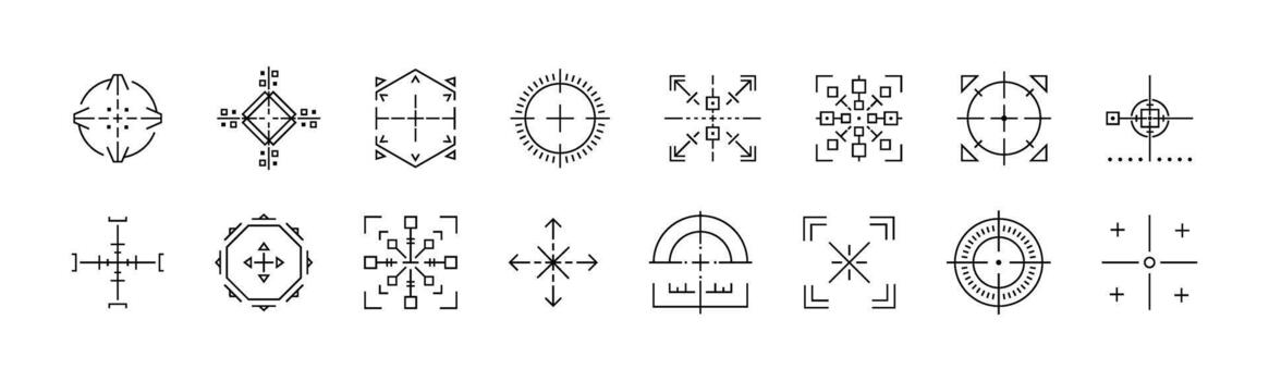 Varied crosshair shapes set. Collection of distinct target aim and focus icons. reticles for game development security systems and high targeting precision. Icon . vector