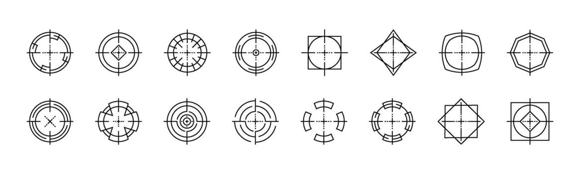 Clean digital circle crosshair icons illustration of aiming and targeting symbols. Precise focus reticles and shooting range markers suitable for gaming icon projects. vector