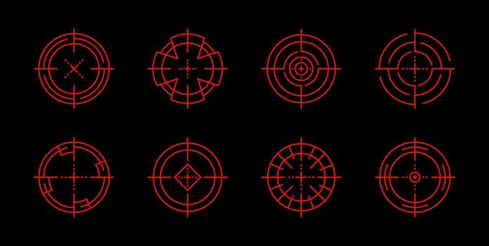 Neon red glowing crosshair set. Target aim gun icons with a digital light effect. Shooting reticles laser sights and precisely target symbols for games tech. Isolated . vector