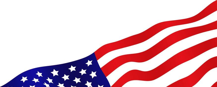 Waving American flag design element in the bottom corner with ample white background copy space. Patriotic, national, and democratic banner with the US national flag. Editable illustration. vector