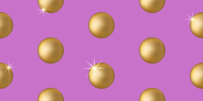 Seamless pattern of floating shiny gold spheres or balls with light reflections on a vibrant magenta pink background. Repetitive minimal luxury design from the 90s 2000s. Editable illustration. vector