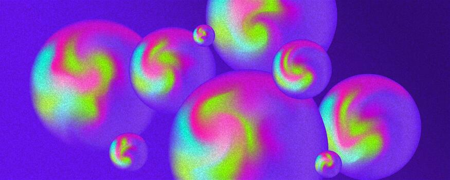 Bright psychedelic background with neon gradient spheres or balls with noise. Groovy wavy retro banner from the 90s 2000s with a grainy texture. Editable illustration. vector