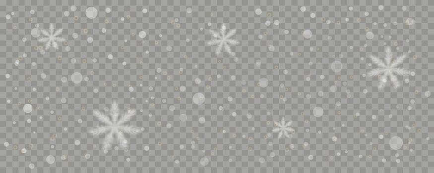 Realistic snowfall and soft snowflake overlay on a gray background. Winter weather and festive holiday effect template. Editable illustration. vector