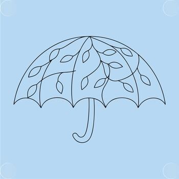 Outline drawing an open umbrella with vine leaf pattern against light blue vector