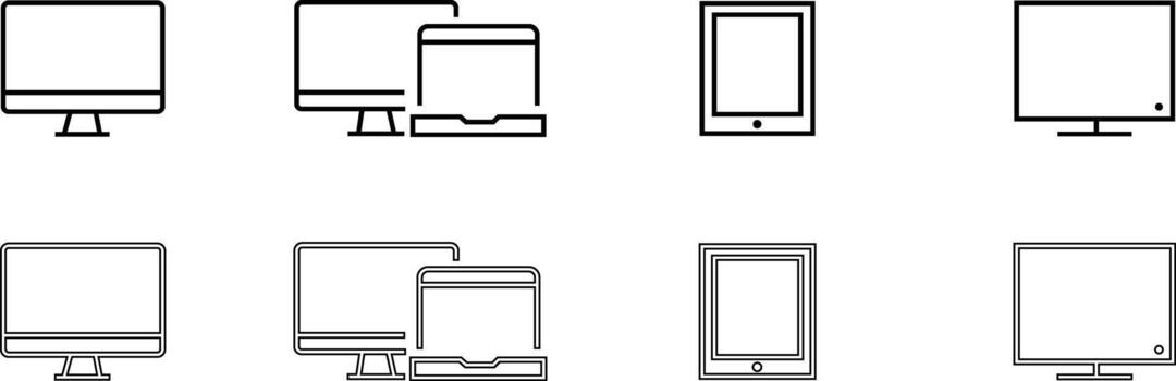 Computer and tablet device Icon set desktop and multimedia display symbols in thin outline style digital technology Illustration. vector