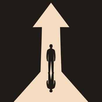 Silhouette of a Man Standing in a Liminal Space on a Path Shaped Like a Giant Upward Arrow vector