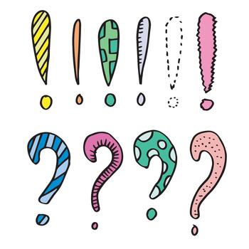 imagen de exclamación marca icono y pregunta marca icono en garabatear estilo en blanco antecedentes vector