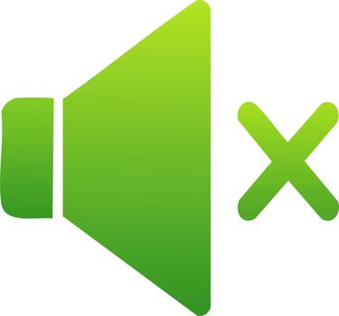 Green gradient mute icon with a speaker and X symbol indicating sound off or silent mode vector