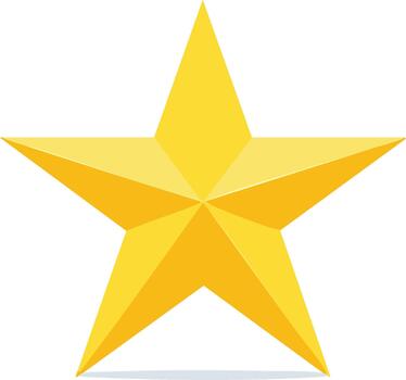 Bright Golden Five Point Star Icon with Shiny Reflective Surface and Subtle Shadow vector