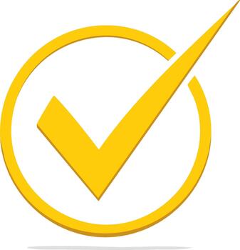 Bright yellow checkmark symbol in a circle, representing positive choice, complete, and correct vector