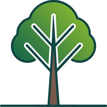 Stylized icon tree with a dense crown, thick trunk, and ground line representing nature, environment, growth, and forestry vector