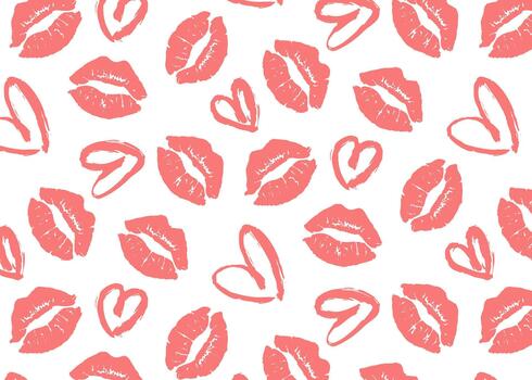 Seamless pattern with red hearts and lipstick kiss prints. Endless Valentines Day texture featuring various female lip marks and heart shapes. Romantic repeating background vector
