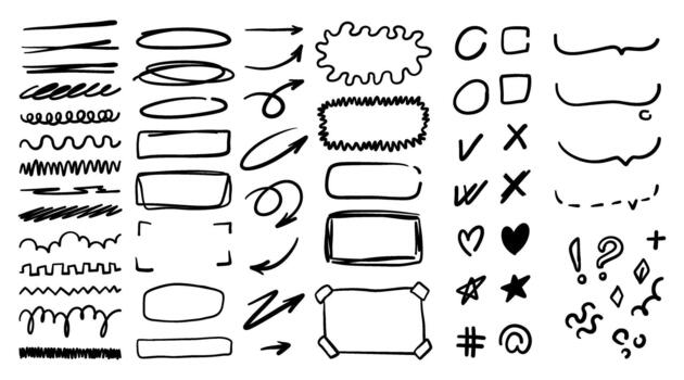 Scribble doodle underline and emphasis shapes. Hand-drawn brush stroke lines, highlights, arrows, speech bubbles, clouds, and sparkle elements in a playful childish sketch style. vector