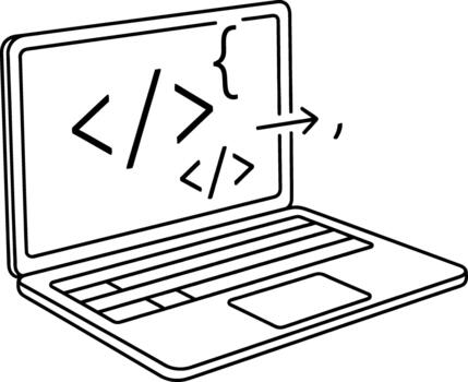 Digital creation process highlighted by a laptop displaying programming code symbols, illustrating essential software development and modern technological workflow vector