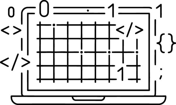 Line art illustration of a laptop screen featuring a data grid and programming symbols. Depicts digital data management, software development, and efficient analytical processes vector