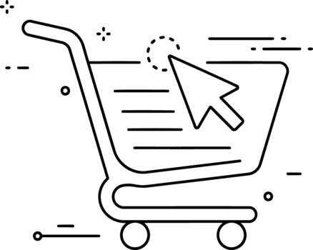 Clean line art graphic illustrating a dynamic online shopping experience, featuring a digital shopping cart and a pointing cursor, symbolizing convenient e-commerce and virtual purchasing vector