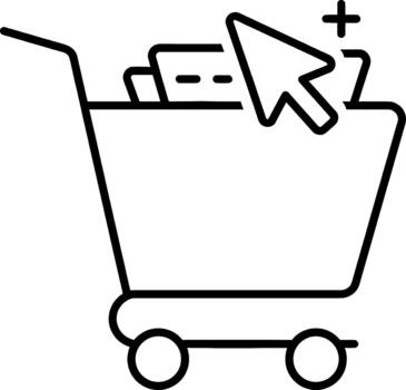 Streamlined online shopping and digital commerce concept illustrated by a clean line art icon featuring a shopping cart and a cursor adding items, perfect for modern e-business designs vector