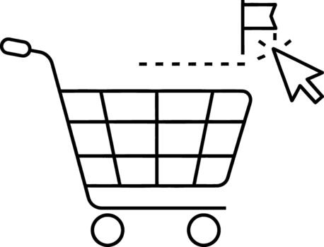 digital compras carro con un cursor haciendo clic un bandera, representando en línea objetivo logro, deseo lista gestión, y comercio electrónico éxito vector