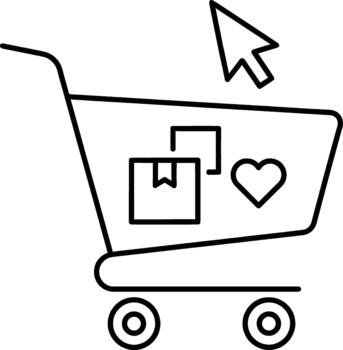 Digital shopping cart with a package, a heart, and a pointer, symbolizing the modern e-commerce experience of selecting desired items and preparing for online purchase and delivery vector