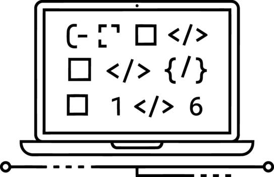 outline of a laptop screen with programming symbols and UI elements. Visualizes software development, web coding, and abstract digital file creation, embodying tech innovation vector