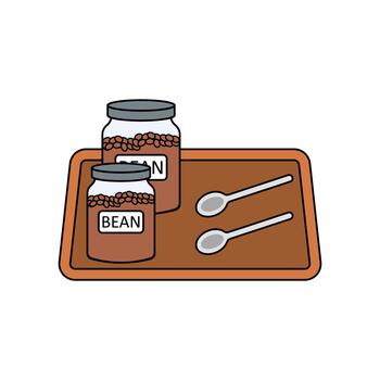 Mini bean station illustration. Wooden tray with labeled jars. Coffee beans stored in small containers. Two tasting spoons included. Simple countertop setup. vector