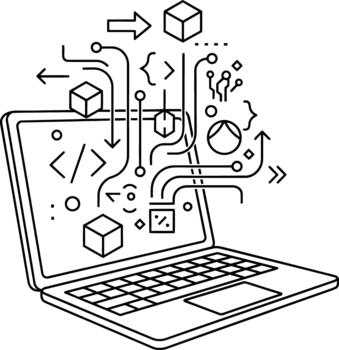 Abstract line art of a laptop with dynamic software development, programming, and data flow elements, symbolizing digital innovation and technological progress vector