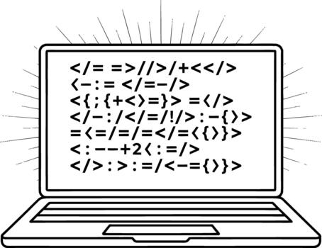 Abstract digital illustration of a laptop, its screen filled with symbolic code, representing the modern world of technology, programming, and software innovation vector