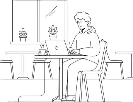 Young professional diligently working remotely on a laptop at a contemporary cafe table, enjoying a quiet and focused environment, symbolizing modern flexible work-life integration and productivity vector