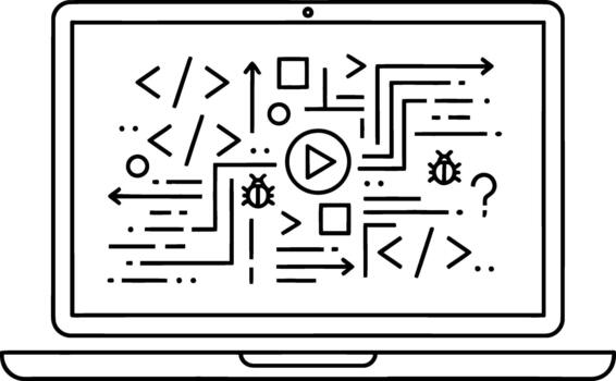 resumen ilustración de software desarrollo en un computadora portátil, demostración codificación, depuración, y datos fluir con interconectado resumen símbolos representando digital procesos vector