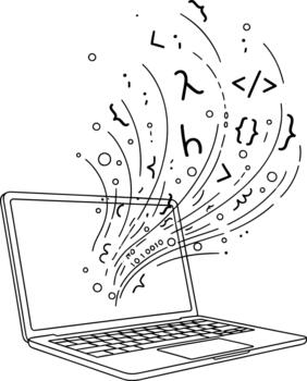 Laptop emitting programming code and digital symbols, abstractly illustrating software development, data flow, and technological concepts within a dynamic computing environment vector