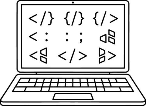 Digital workspace concept with abstract coding symbols appearing on a laptop screen, highlighting software development, web programming, and technological innovation through clean design vector