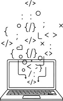 Visualizing complex programming languages and data streams entering a personal computer, symbolizing innovation in technology and web development through an abstract line art illustration vector