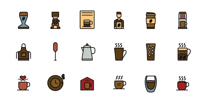 Coffee And Equipment Coffee Shop Icon line color Logo Design Simple Set For Using In Website Graphics Report Logo vector