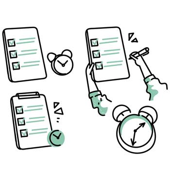 a set of icons depicting a checklist, clock, and pen vector