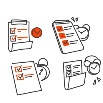 a set of four icons that show a checklist, clock and a pen vector