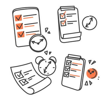 a set of icons depicting various items doodle check mark data clipboard and clock in hand drawn style vector