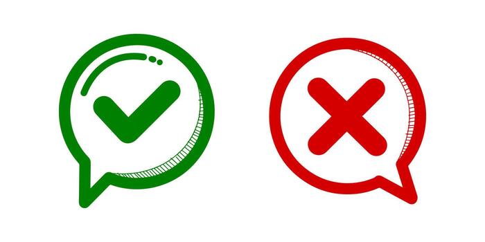 verde marca de verificación y rojo cruzar en habla burbuja íconos para aprobación y error vector