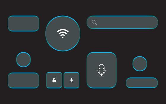 Light frame liquid glass, glass panel set for mobile and web app, a black background with blue buttons and a microphone vector