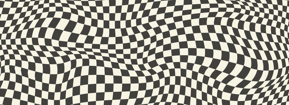 Trippy checkerboard background. Retro psychedelic checkered wallpaper. Wavy groovy chessboard surface. Distorted liquid geometric grid chess pattern. Abstract old race flag backdrop. vector