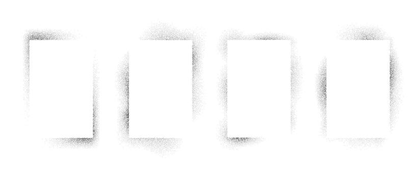 Sprayed noise rectangle frame set. Black dotted grain border collection. Black stipple gradient boarder bundle for banner, poster, text box, template. Rough spray stencil graffiti effect frames vector