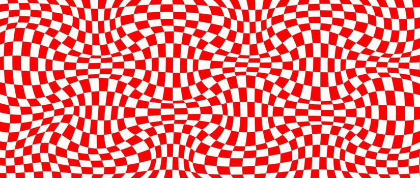 Red trippy checkerboard background. Retro psychedelic checkered wallpaper. Wavy groovy chessboard surface. Distorted geometric grid chess pattern. Abstract red and white race flag backdrop vector