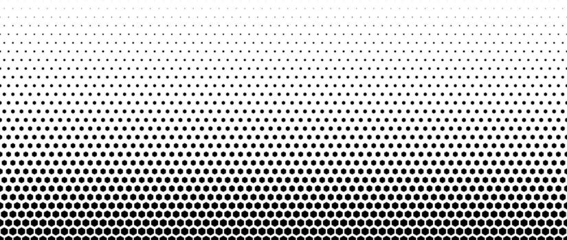 Fading hexagon gradient texture. Vanishing honeycomb pattern background. Hexagonal halftone tech overlay backdrop. Black grunge halfton wallpaper. Retro technology dot texure wallpaper vector
