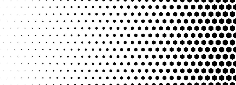 Fading hexagon gradient texture. Vanishing honeycomb pattern background. Geo hexagonal halftone tech overlay backdrop. Black grunge halfton wallpaper. Retro technology dot texure wallpaper vector