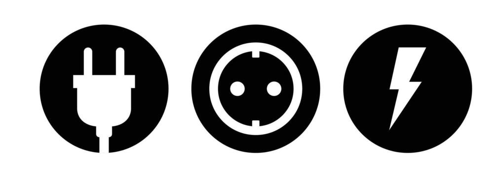 Set of three black and white icons representing electricity, plug, and socket vector