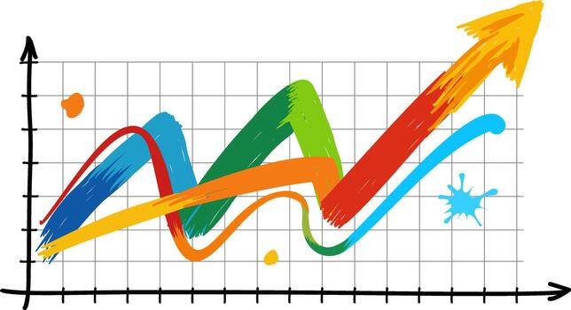 Vibrant hand-painted brushstroke lines forming a dynamic growth graph on a grid, symbolizing creative analytics, rising performance, innovation, and modern business trends. vector