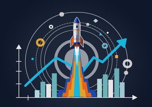 Illustration of a rocket launching above rising bar charts and growth lines, representing startup success, business acceleration, innovation, performance boost, and strategic development. vector