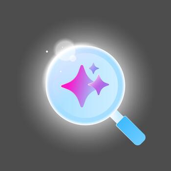 Shiny magnifying glass with glowing highlights and AI symbol. illustration representing artificial intelligence search, data analysis, machine learning exploration, and digital research concepts vector