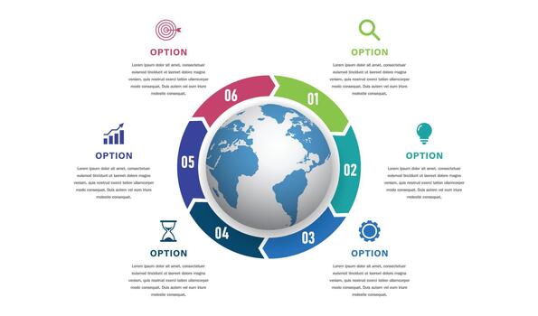 6 6 opción circular infografía con globo y íconos vector
